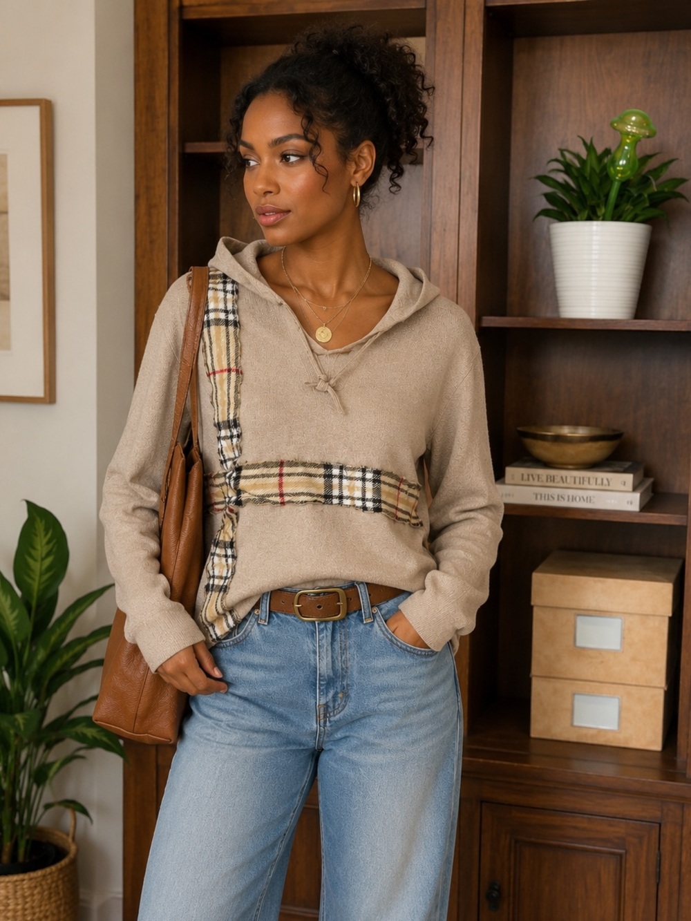 Cabernet Silk Cashmere Blend Hooded Sweater Plaid Trim Beige Large Luxe Knit